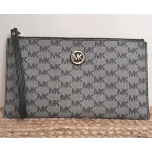 Michael Kors Wristlet Wallet Clutch Purse Black Gray Signature Logo Print EUC